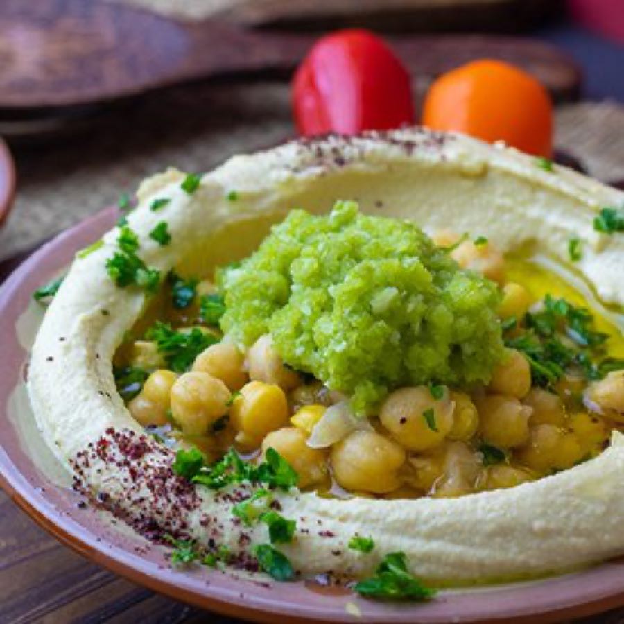 Hummus and foul, served all day.